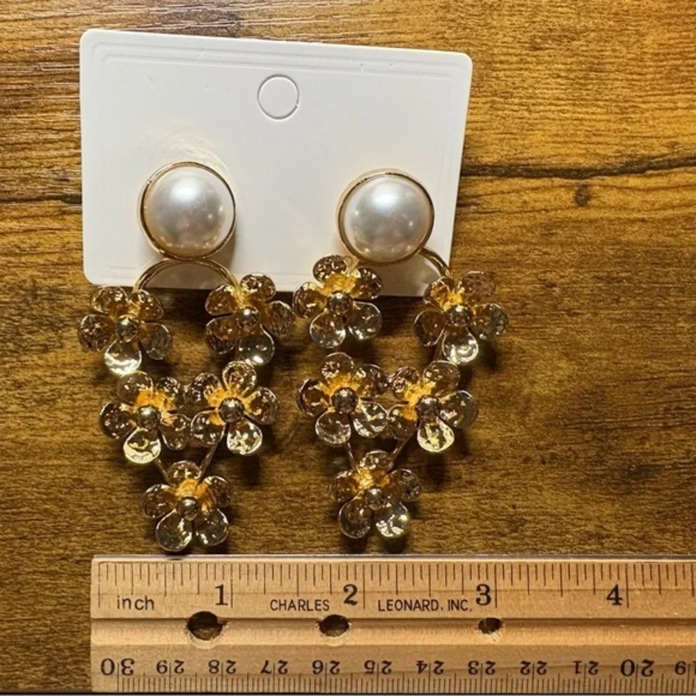 Golden‎ Garden Floral Drop Earrings with Faux Pearl Studs – Soft Romantic Style